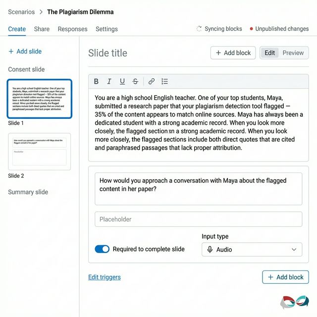Two-panel scenario editor with slide navigation and content blocks